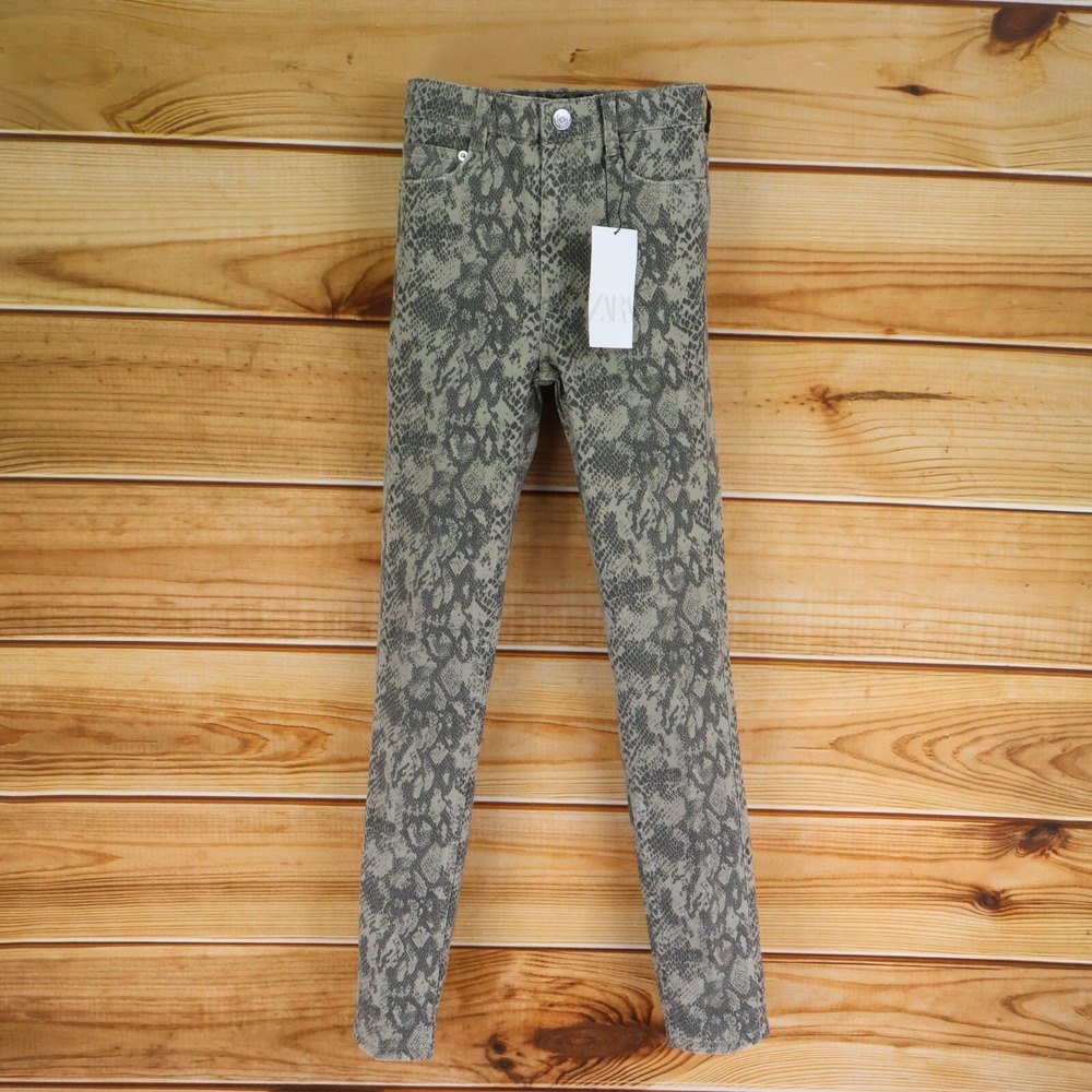 Zara‎ Skinny Jeans Womens Size 4 Green Animal Print Cotton Blend Stretch NWT $39